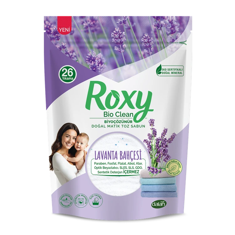 پودر صابون ماشین لباسشویی و دستی نوزاد روکسی Roxy دالان با رایحه اسطوخودوس ( لاوانتا ) 800 گرم اصل اورجینال ( واردات قانونی از منطقه آزاد ارس )