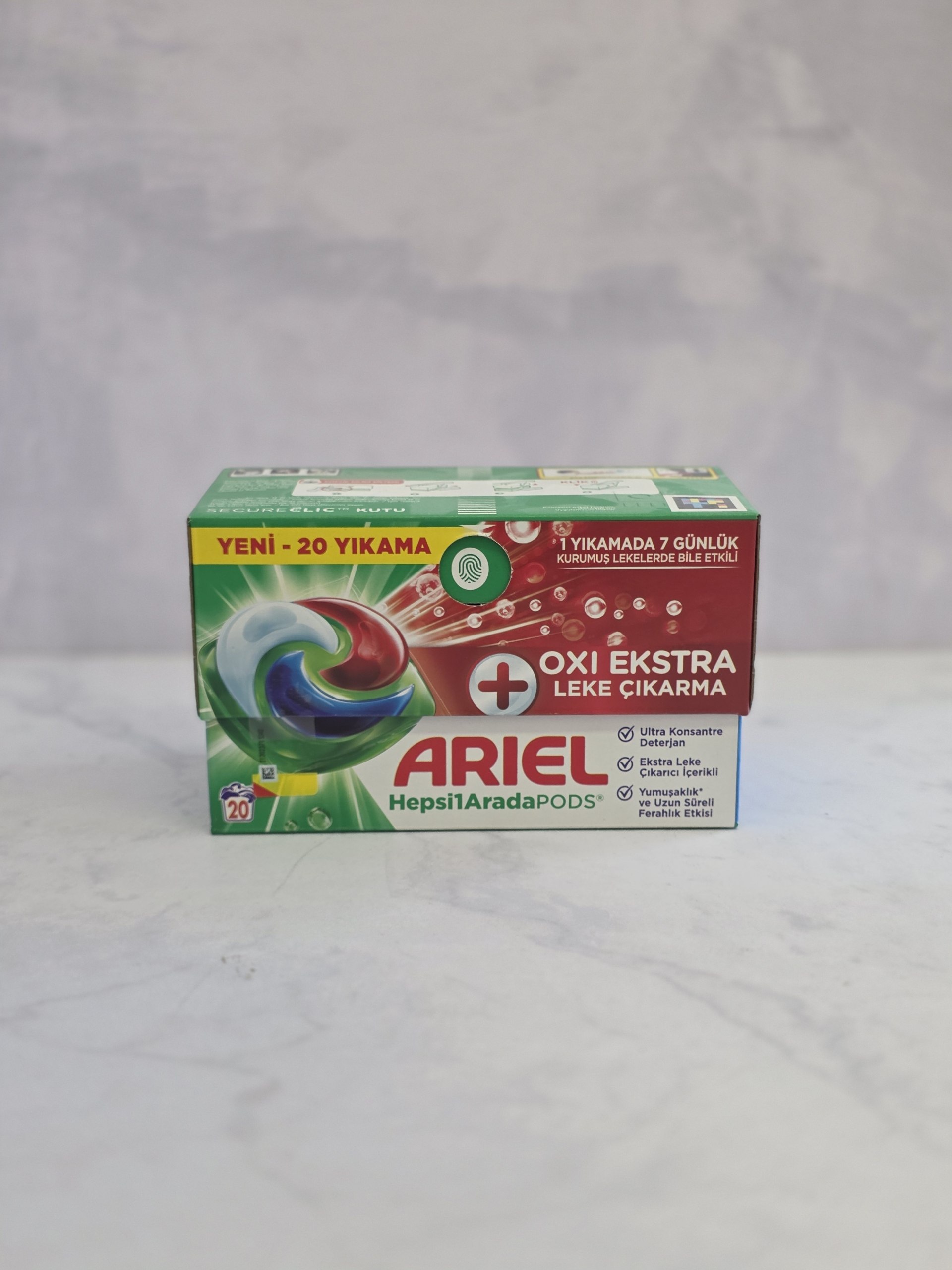 قرص ( کپسول ) ماشین لباسشویی بالشتکی آریل مدل Oxi Ekstra پلاس بسته ۲۰ عددی اصل اورجینال ( واردات قانونی از منطقه آزاد ارس )