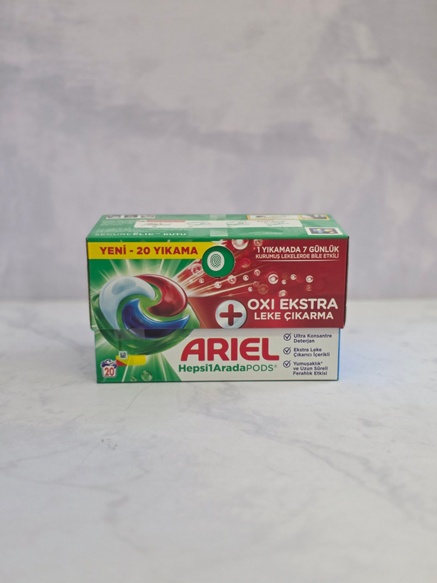 قرص ( کپسول ) ماشین لباسشویی بالشتکی آریل مدل Oxi Ekstra پلاس بسته ۲۰ عددی اصل اورجینال ( واردات قانونی از منطقه آزاد ارس )
