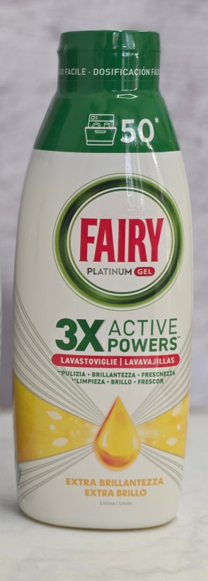 ژل ماشین ظرفشویی فیری Fairy مدل Platinum Gel 3X Active Power پاککنندگی عمیق 50 شستشو در سه رایحه مختلف 900 میل اصل اورجینال ( واردات قانونی از منطقه آزاد ارس )