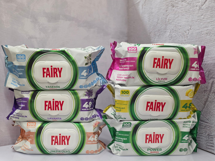 دستمال مرطوب چند منظوره پاک کننده سطوح فیری Fairy تعداد 100 برگ اصل اورجینال ( واردات قانونی از منطقه آزاد ارس )