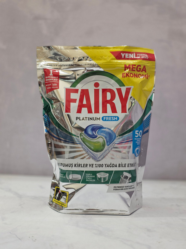 قرص ماشین ظرفشویی فیری پلاتینیوم فرش Fairy Platinum Fresh بسته 50 عددی اصل اورجینال ( واردات قانونی از منطقه آزاد ارس )